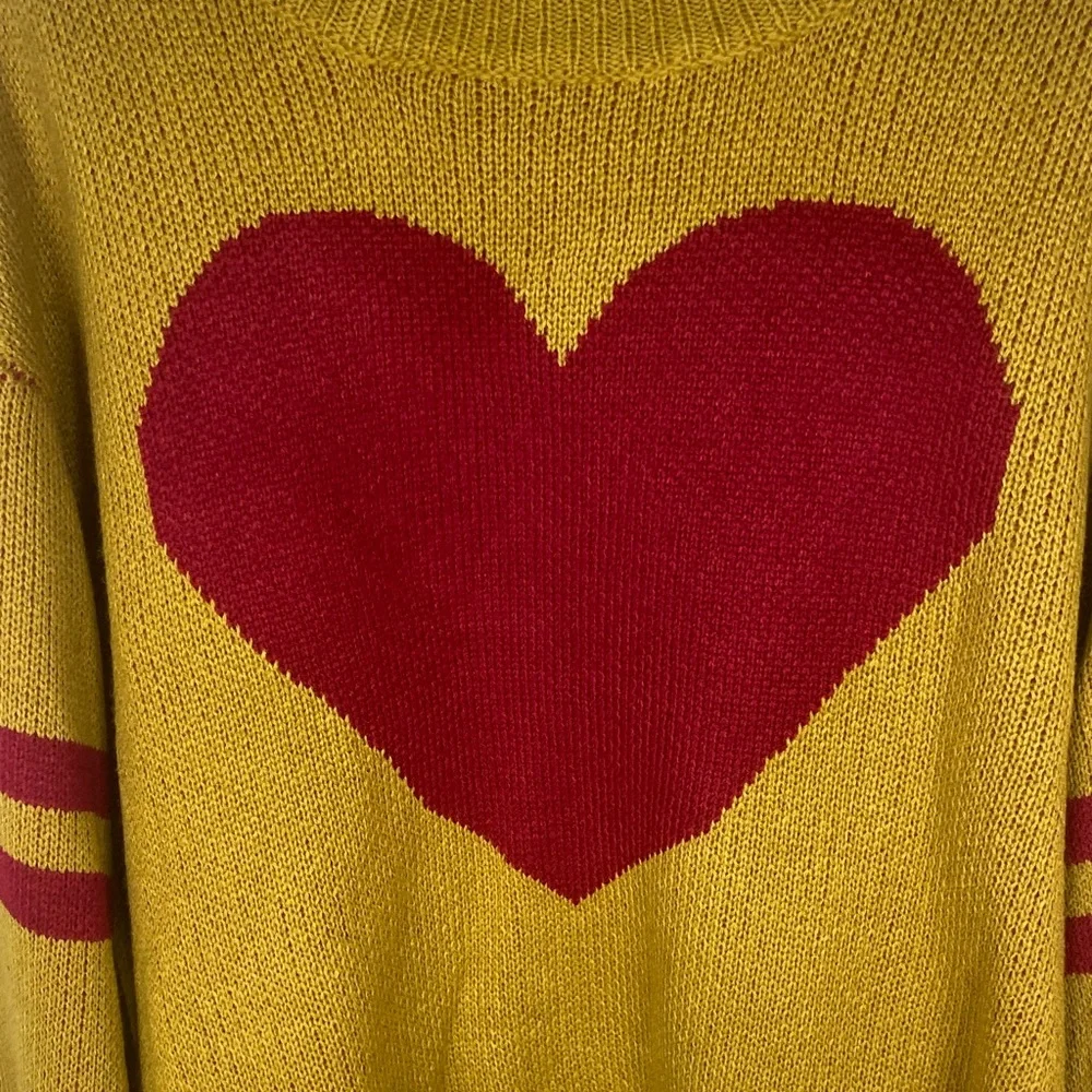 Cozy Tan Sweater with a bold Red heart and Stripes - Picture 6 of 7